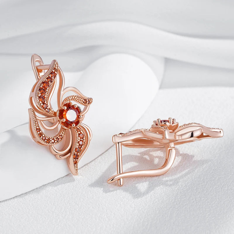 FLAMES Red Natural Zircon Crystal Flower Earrings for Women Fashion 585 Rose Gold Color Daily Fine Jewelry
