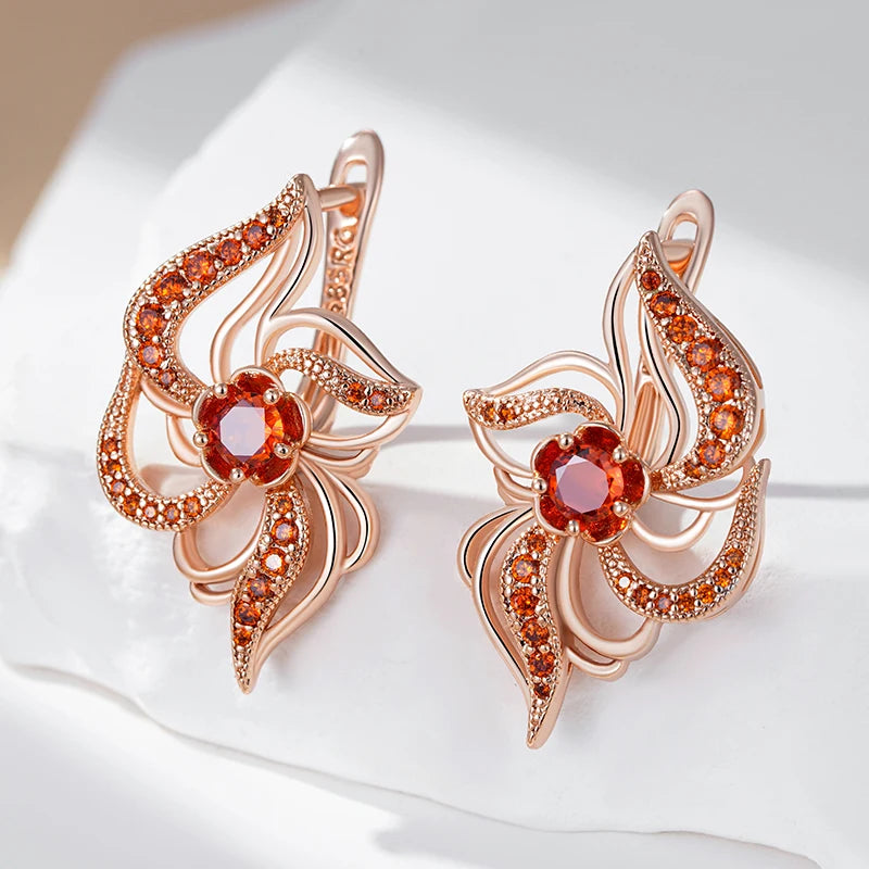 FLAMES Red Natural Zircon Crystal Flower Earrings for Women Fashion 585 Rose Gold Color Daily Fine Jewelry