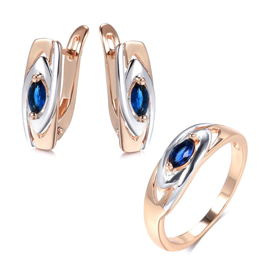Luxury Blue Stone Earrings Ring Sets 585 Rose Gold Mixed Silver Natural Zircon Accessories Trendy Women Wedding Jewelry