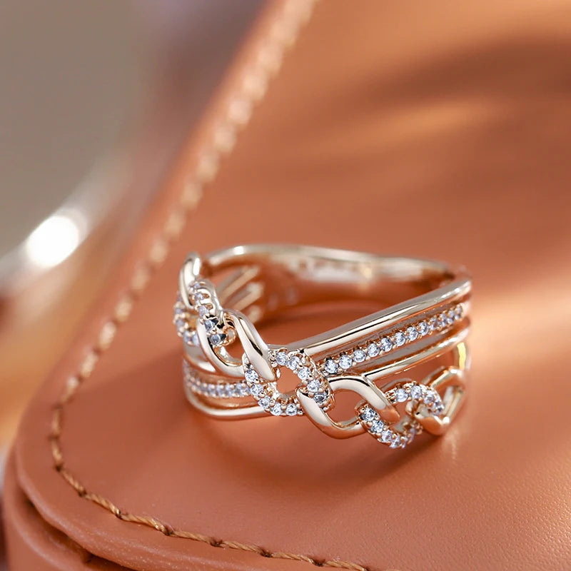 New 585 Rose Gold Color Natural Zircon Big Rings for Women Unique Cross Ring Fashion Modern Wedding Party Daily Jewelry