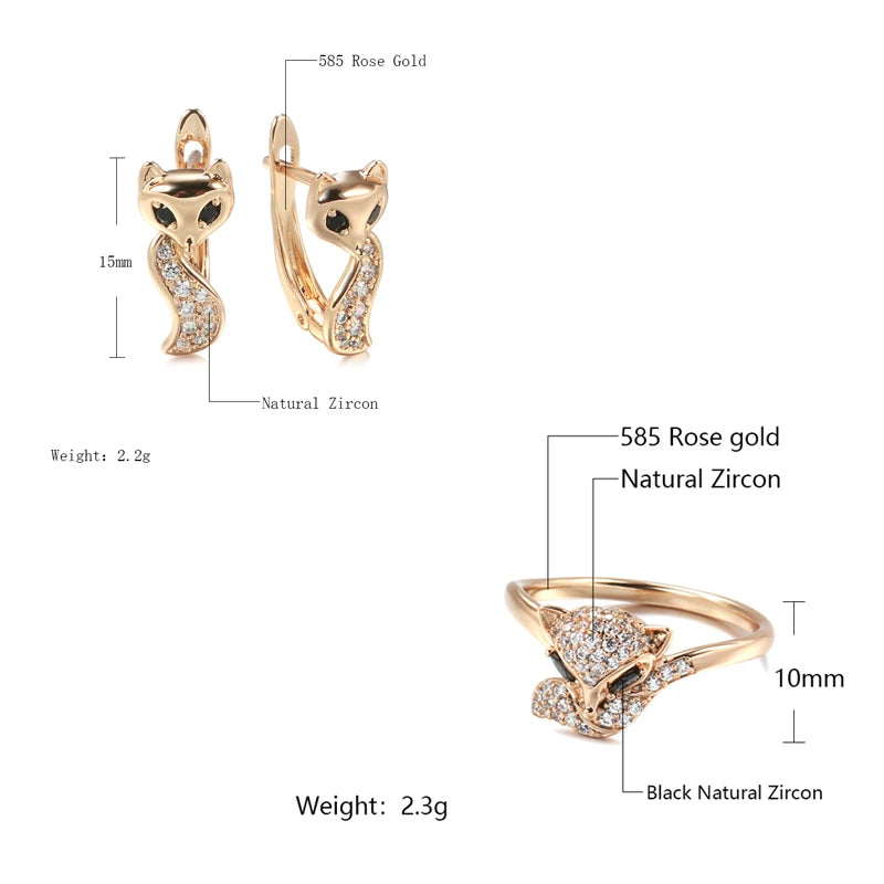 FOX Earrings Ring Sets for Women Fashion 585 Rose Gold Color Natural Zircon Accessories Animal Child Jewelry Sets
