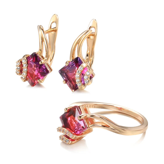 Square Red Natural Zircon Ring Earrings Sets 585 Rose Gold Dangle Earrings for Women Fashion Wedding Jewelry Sets
