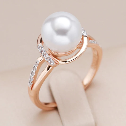 Geometry Pearl Ring for Women 585 Rose Gold Silver Color Mix Natural Zircon Boho Ethnic Wedding Jewelry