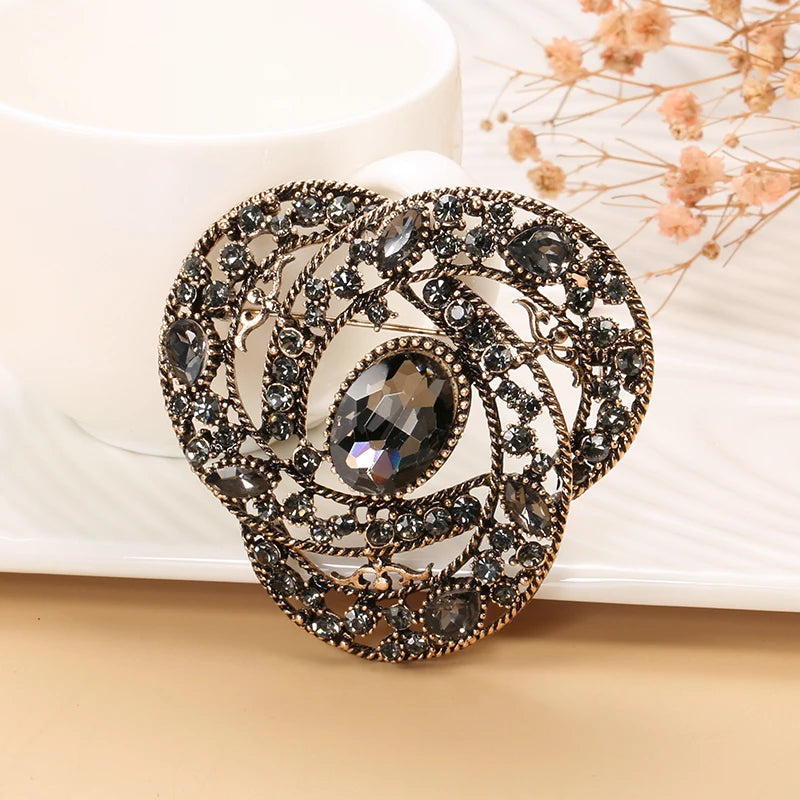 Fashion Gray Crystal Flower Women Big Brooch Drop Zircon Ethnic Banquet Vintage Jewelry Hijab Caftan Accessories