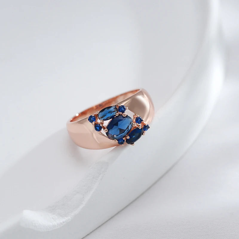 New Blue Natural Zircon Ring for Women 585 Rose Gold Wide Rings Vintage Ethnic Bride Wedding Jewelry Party Accessories