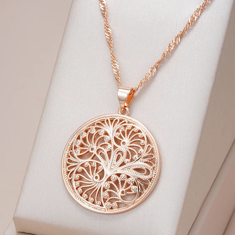 Round Flower Shape Pendant Necklace for Women Unusual Metal Flower 585 Rose Gold Color Big Pendant Fine Daily Jewelry