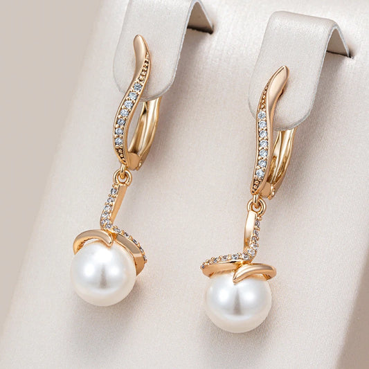 Trendy Pearl Long Drop Earrings for Women 585 Rose Gold Color Natural Zircon Accessories Vintage Party Fine Daily Jewelry