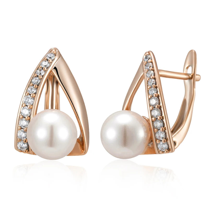 Pearl Luxury 585 Rose Gold Color English Earrings for Women Unique Geometric Earrings Bridal Wedding Jewelry 