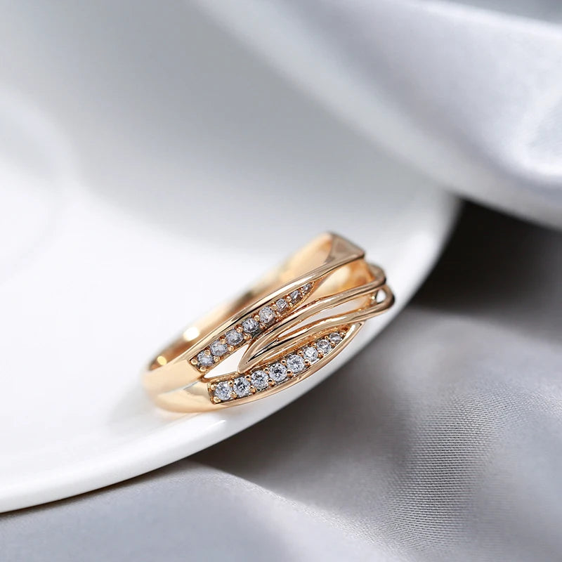 Simple Geometry Cross Ring for Women Fashion Design 585 Rose Gold with Natural Zircon Korean Party Daily Jewelry Girl
