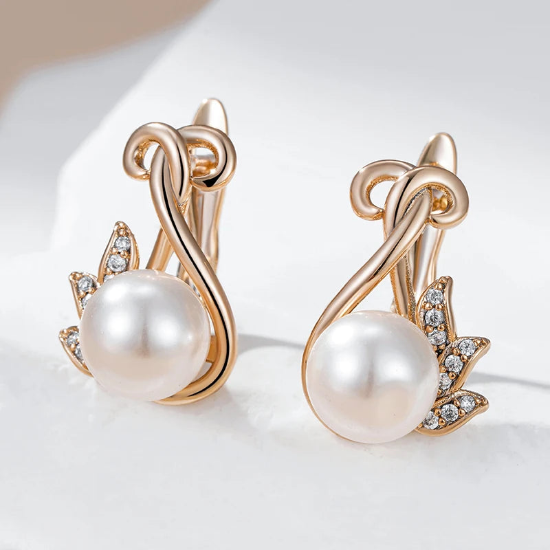 Luxury Crystal Flower Pearl Dangle Earrings for Women Trendy 585 Rose Gold Color with Natural Zircon Daily Fine Jewelry