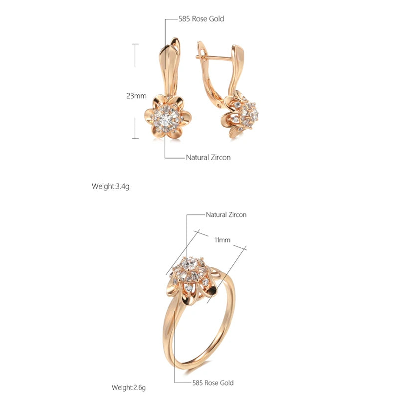  Crystal Flower 585 Rose Gold Women Earrings Ring Sets Natural Zircon Earrings Trend Unusual Creative  Jewelry
