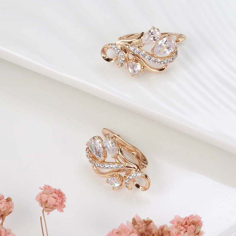 Luxury 585 Rose Gold Crystal Flower Earrings Ring Sets for Women Natural Zircon Bridal Wedding Vintage Jewelry Sets