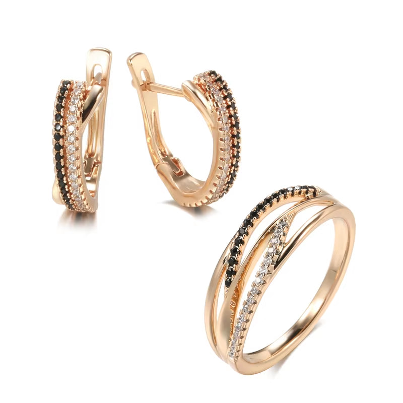 Elegant Black & White Sets 585 Rose Gold Ring Earrings Natural Zircon Cross Geometry Rings for Women Vintage Jewelry Sets