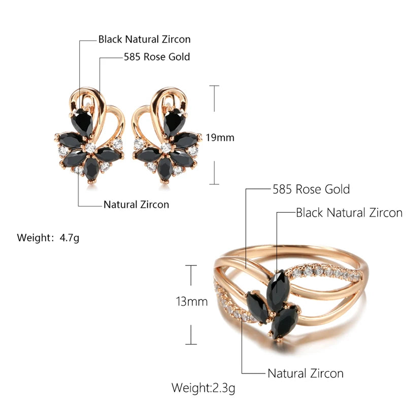 Black New 585 Rose Gold Earrings Ring Sets for Women Fashion with Natural Zircon Drop Earrings Ring Jewelry Set