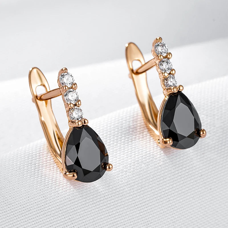 Black Water Drop Natural Zircon English Earrings for Women Trendy 585 Rose Gold Color Bride Wedding Fine Jewelry