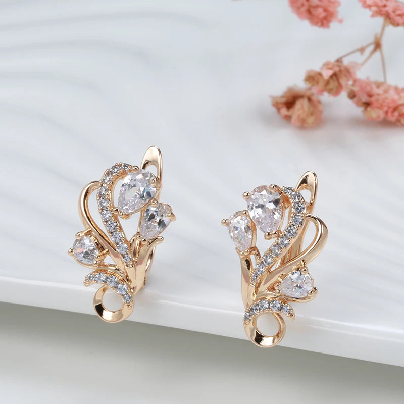 Luxury 585 Rose Gold Crystal Flower Earrings Ring Sets for Women Natural Zircon Bridal Wedding Vintage Jewelry Sets