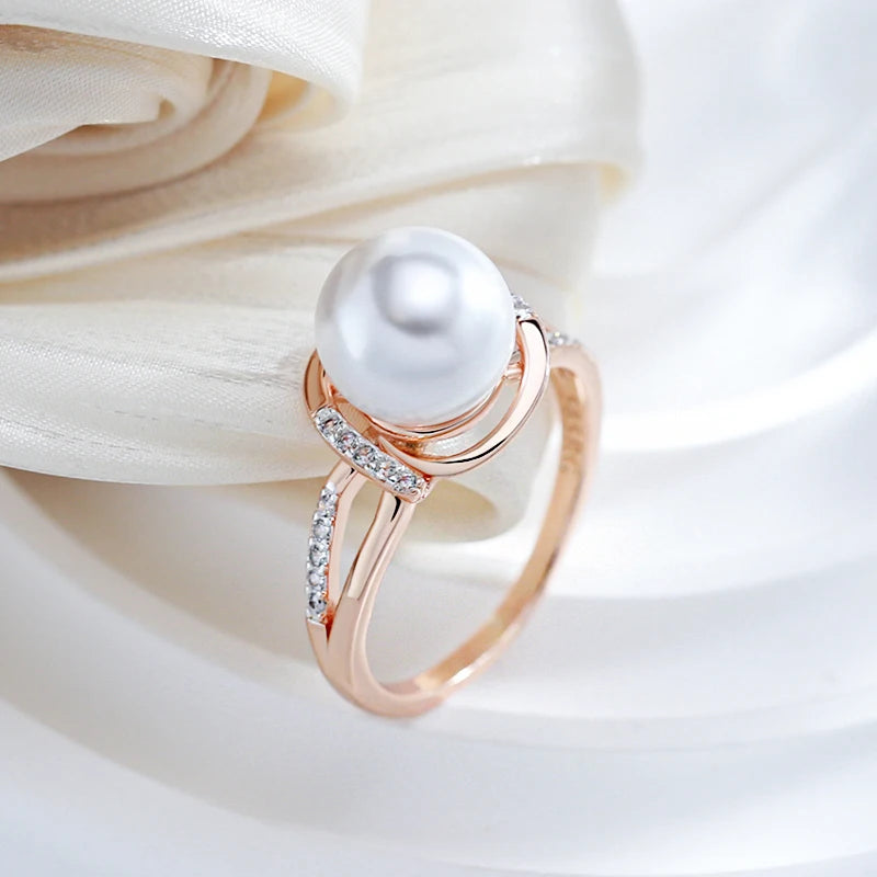 Geometry Pearl Ring for Women 585 Rose Gold Silver Color Mix Natural Zircon Boho Ethnic Wedding Jewelry