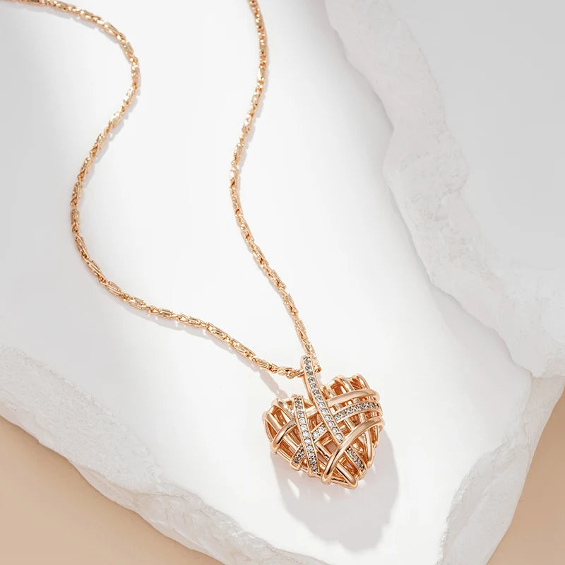Unique Hollow Heart Pendant Necklace for Women Natural Zircon with 585 Rose Gold Color Modern Party Wedding Daily Jewelry