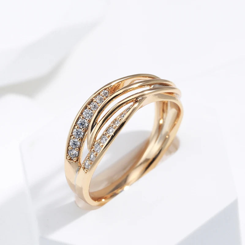 Simple Geometry Cross Ring for Women Fashion Design 585 Rose Gold with Natural Zircon Korean Party Daily Jewelry Girl