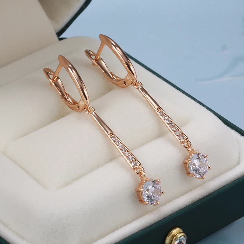 Diamond Shape 585 Rose Gold Women Long Earrings Ring Sets round White Natural Zircon Luxury Fine Gift Casual Fashion Jewelry Sets