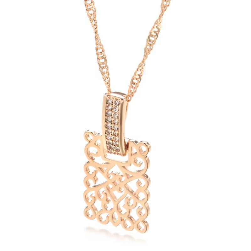 Square Rose Gold Pendant Necklace for Women with Vintage Natural Zircon Glossy Metal Necklace Trend Daily Jewelry