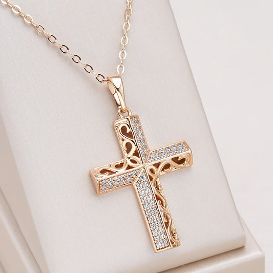 Exquisite Cross Necklaces 585 Rose Gold Micro Wax Inlay Natural Zircon Hollow Flower Necklaces for Women Vintage Jewelry