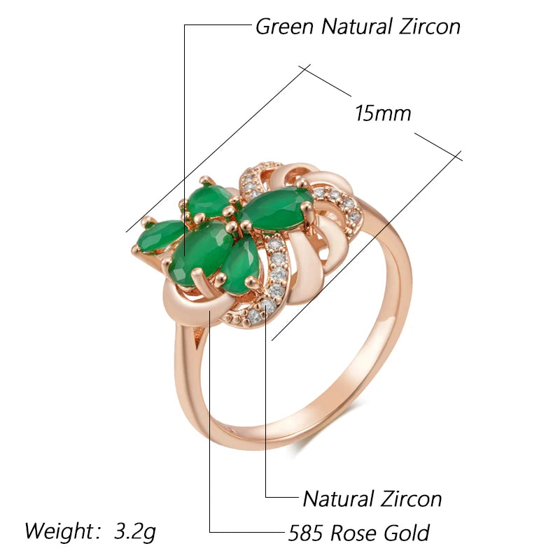 Unusual Full Sparkling Green Natural Zircon Ring for Women Luxury 585 Rose Gold Color High Quality Daily Fine Jewelry