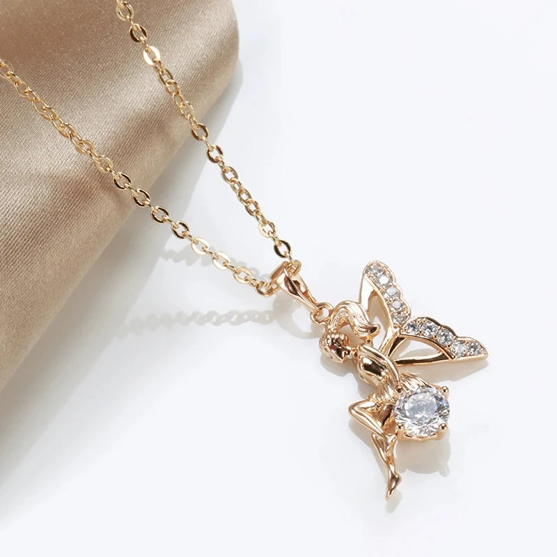 Angel Pendant Necklaces for Women 585 Rose Gold Color with Shiny Natural Zircon Pendant Daily Fine Jewelry