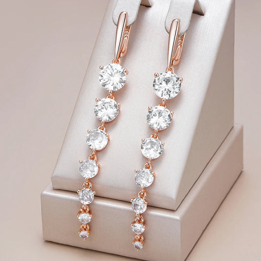 Diamond Drop White Natural Zircon Long Dangle Earrings for Women Fashion 585 Rose Gold Color Party Accessories Daily Jewelry