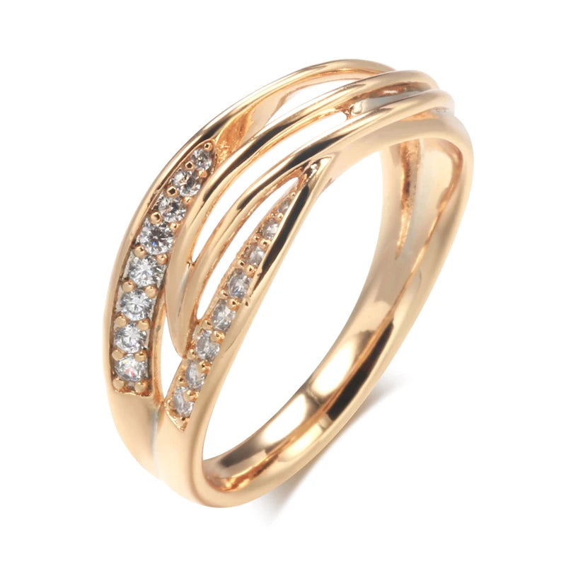 Simple Geometry Cross Ring for Women Fashion Design 585 Rose Gold with Natural Zircon Korean Party Daily Jewelry Girl