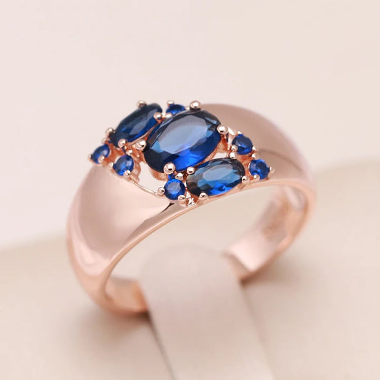 New Blue Natural Zircon Ring for Women 585 Rose Gold Wide Rings Vintage Ethnic Bride Wedding Jewelry Party Accessories