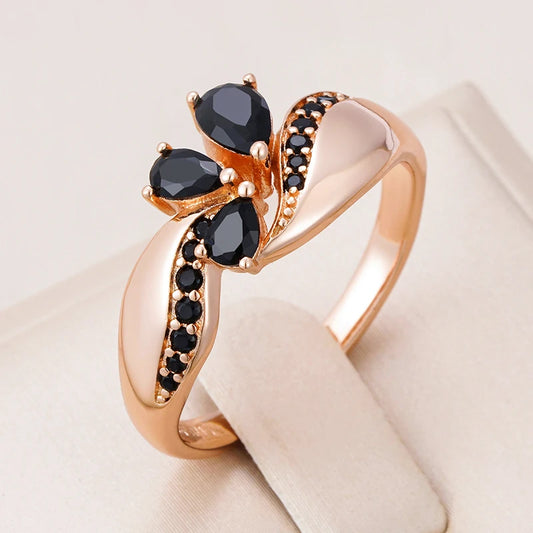 Black Natural Zircon Ring for Women Fashion 585 Rose Gold Color Crystal Flower Bride Ring Daily Fine Vintage Jewelry