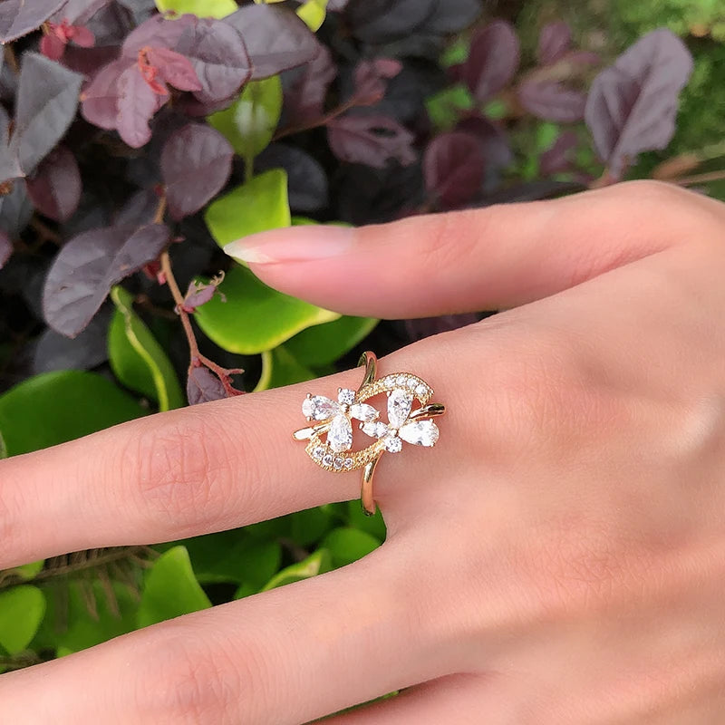 Luxury 585 Rose Gold Crystal Flower Earrings Ring Sets for Women Natural Zircon Bridal Wedding Vintage Jewelry Sets