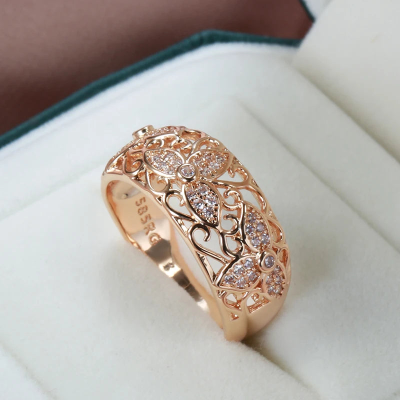 Three Petals Flower 585 Rose Gold Earrings Rings Sets for Women Natural Zircon Flower Ring Vintage Jewelry Sets 