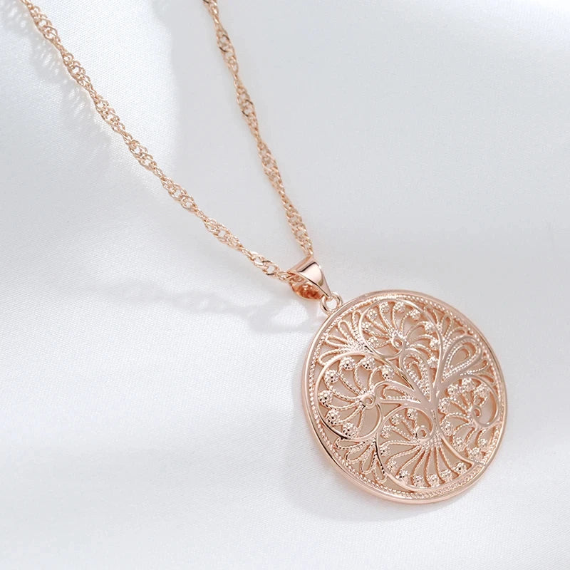Round Flower Shape Pendant Necklace for Women Unusual Metal Flower 585 Rose Gold Color Big Pendant Fine Daily Jewelry