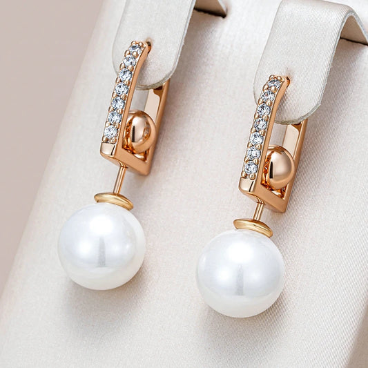 Hot 585 Rose Gold Color Pearl Drop Earrings for Women Unique Geometric Natural Zircon Accessories Daily Jewelry Gift