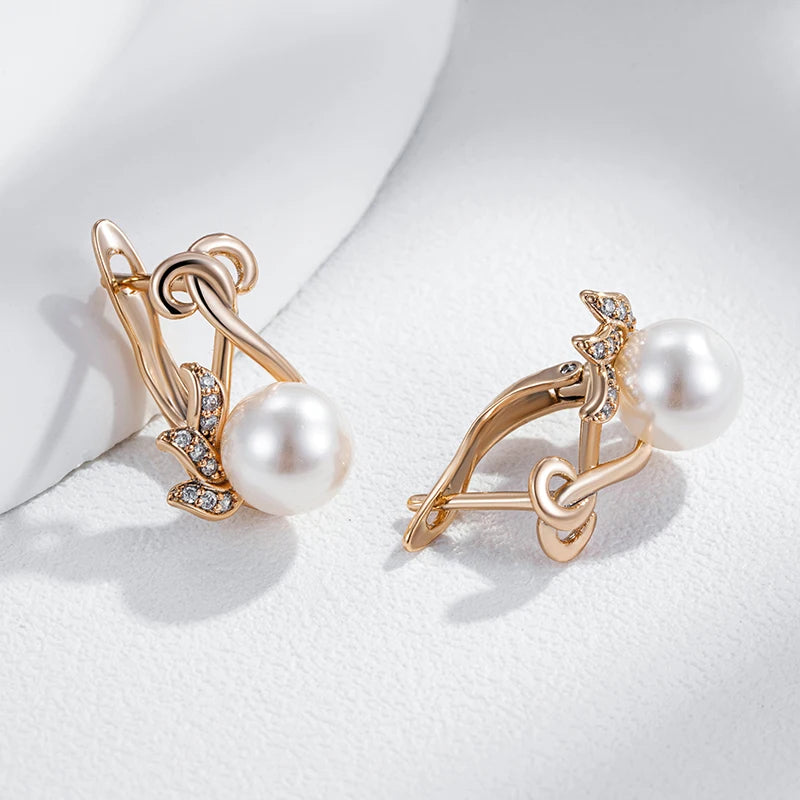 Luxury Crystal Flower Pearl Dangle Earrings for Women Trendy 585 Rose Gold Color with Natural Zircon Daily Fine Jewelry