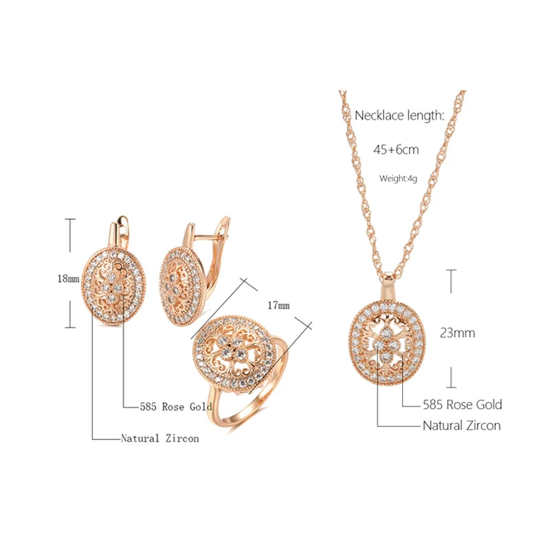 Ethnic Flower Sets 585 Rose Gold Necklace Earrings Ring Sets for Women Natural Zircon Jewelry 