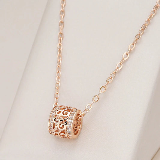 Luxury Hollow Flower Ring Necklace Micro-Wax Inlay Natural Zircon 585 Rose Gold round Long Pendants Women Fine Fashion Jewelry