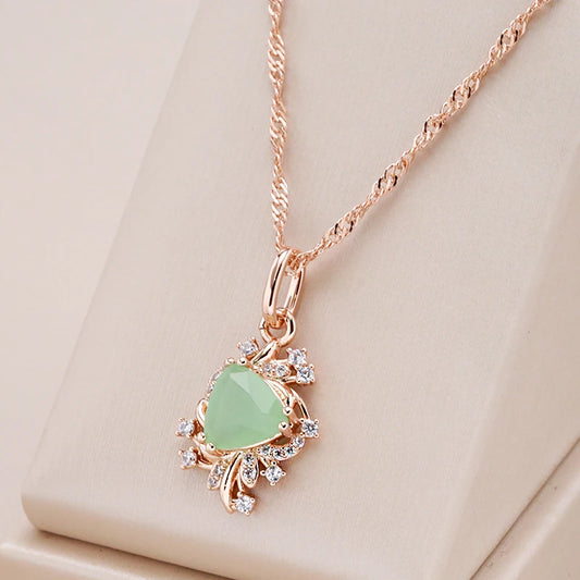Trend Crystal Flower Pendant Necklace for Women 585 Rose Gold Color Green Natural Zircon Accessories Fine Daily Jewelry