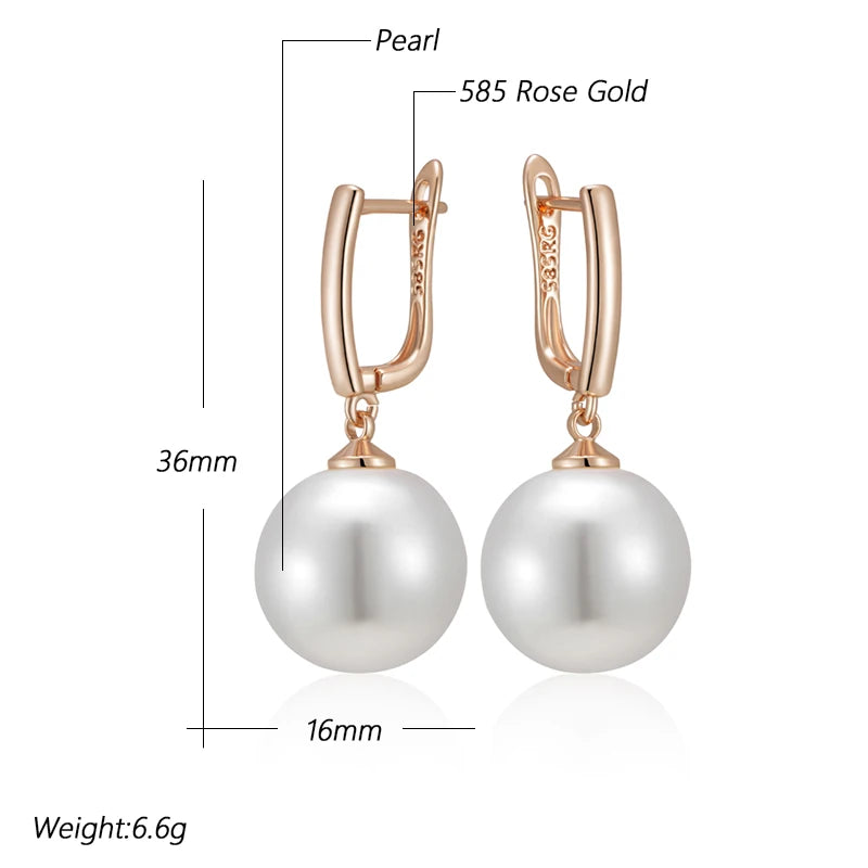 Simple 10Mm 12Mm 16Mm Pearl Drop Earrings for Women Luxury 585 Rose Gold Color Bridal Daily Earrings Wedding Jewelry