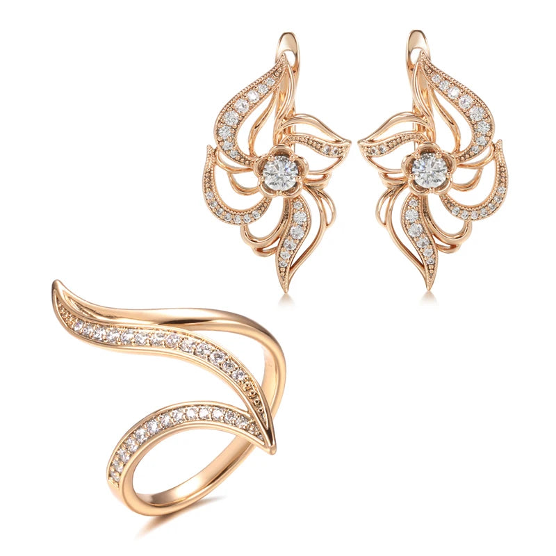 Fine Hyperbole Curve Ring Earrings Sets for Women Fashion 585 Rose Gold Jewelry Sets Unique Natural Zircon Earrings Ring