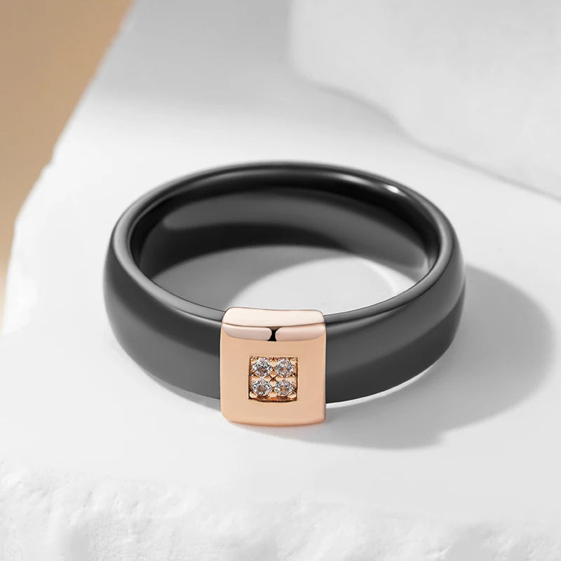 Black Beauty Ceramics Ring for Women Fashion 585 Rose Gold Color Natural Zircon Accessories High Quality Daily Fine Jewelry