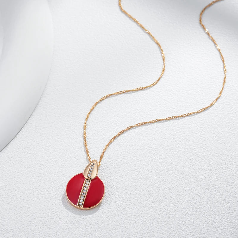 Hot Red Enamel Natural Zircon Pendant Necklace for Women Girl Simple 585 Rose Gold Color Party Daily Jewelry