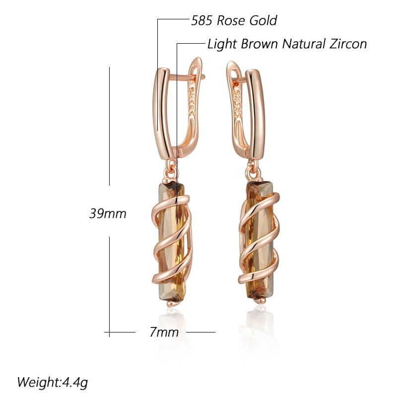 Spiral Potion Light Brown Natural Zircon Drop Earrings for Women 585 Rose Gold Color High Quality Daily Jewelry