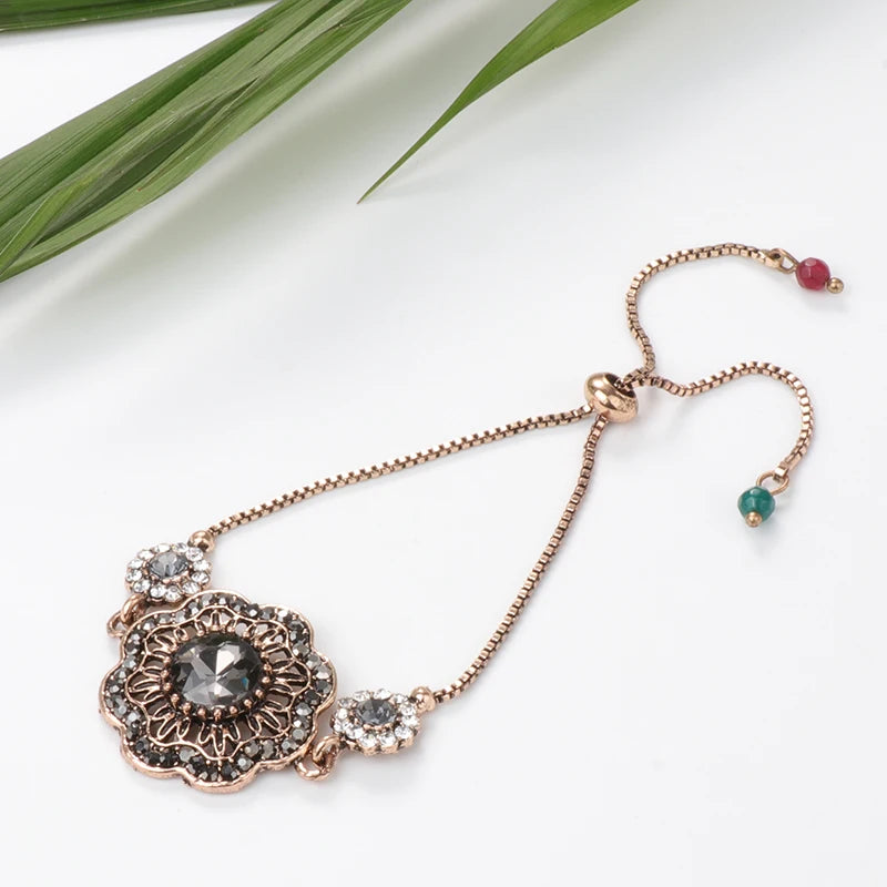 Luxury Gray Crystal Flower Bracelet for Women Antique Gold India Bracelets Adjustable Length Vintage Wedding Jewelry