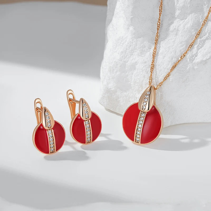 Hot Red Enamel Natural Zircon Pendant Necklace for Women Girl Simple 585 Rose Gold Color Party Daily Jewelry