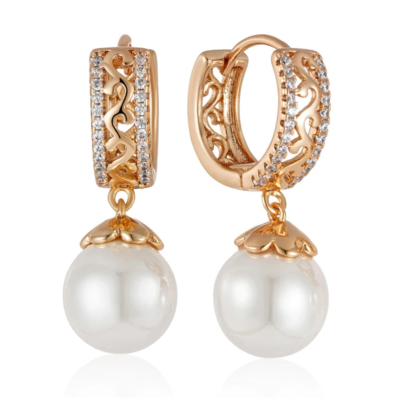 Luxury 585 Rose Gold Color Pearl Drop Earrings for Women Unique Hollow Pattern Natural Zircon Bridal Wedding Fine Jewelry