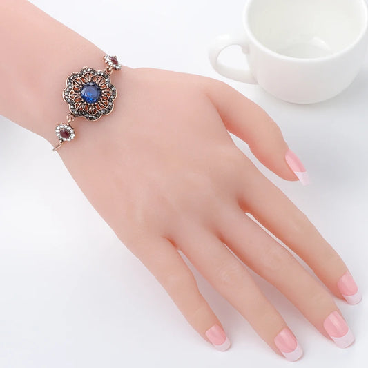 Luxury Gray Crystal Flower Bracelet for Women Antique Gold India Bracelets Adjustable Length Vintage Wedding Jewelry