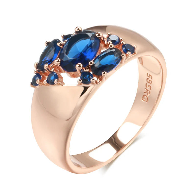 New Blue Natural Zircon Ring for Women 585 Rose Gold Wide Rings Vintage Ethnic Bride Wedding Jewelry Party Accessories